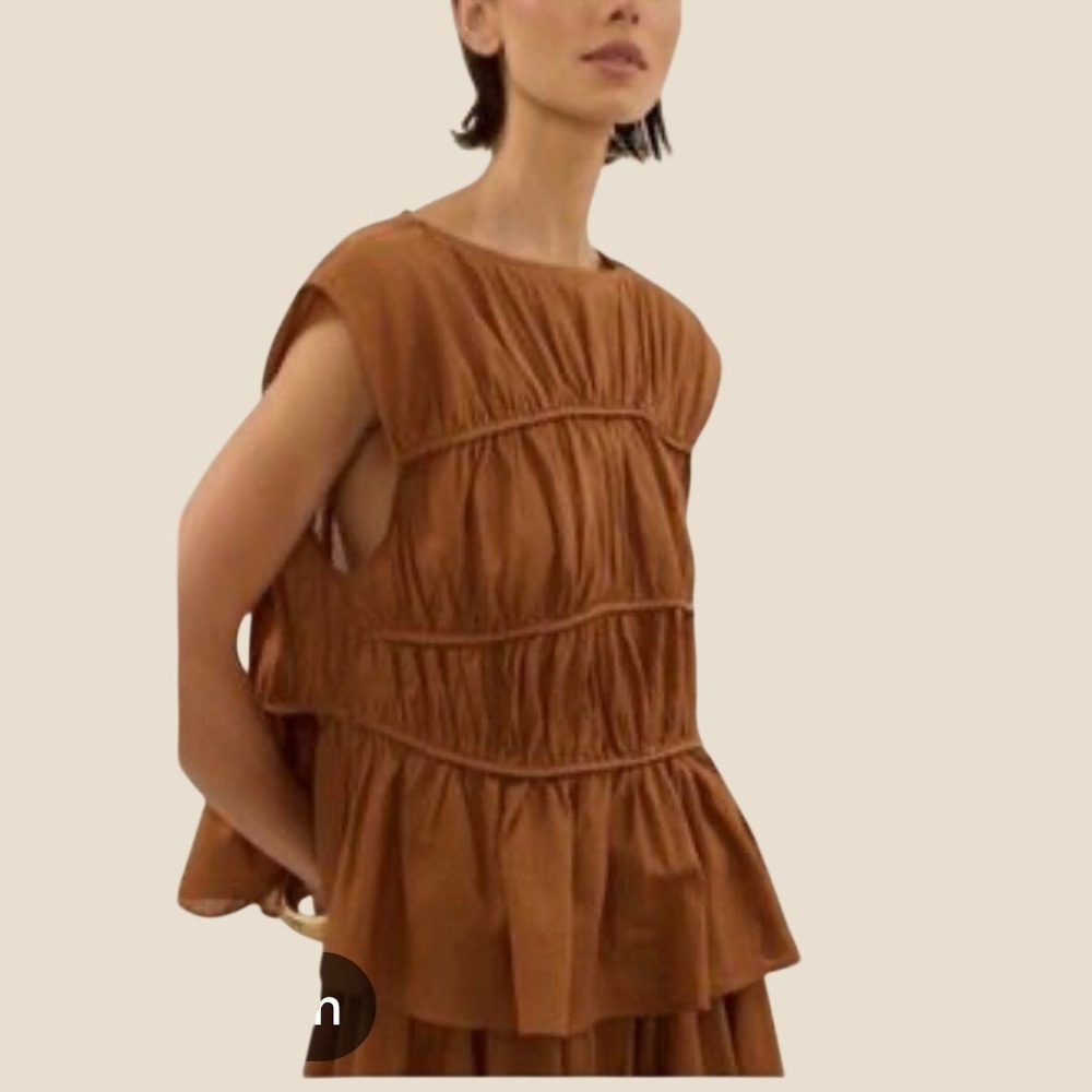 NWOT DISSH Flynn Tiered Peplum Top 2 Rust Brown Linen Blend Lagenlook Coastal